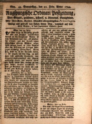 Augsburgische Ordinari Postzeitung von Staats-, gelehrten, historisch- u. ökonomischen Neuigkeiten (Augsburger Postzeitung) Donnerstag 20. Februar 1794