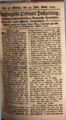 Augsburgische Ordinari Postzeitung von Staats-, gelehrten, historisch- u. ökonomischen Neuigkeiten (Augsburger Postzeitung) Montag 24. Februar 1794