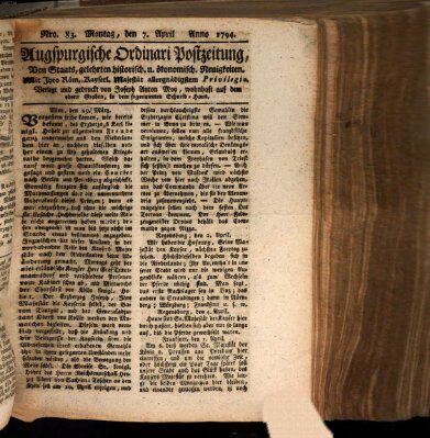 Augsburgische Ordinari Postzeitung von Staats-, gelehrten, historisch- u. ökonomischen Neuigkeiten (Augsburger Postzeitung) Montag 7. April 1794