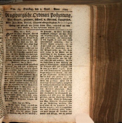 Augsburgische Ordinari Postzeitung von Staats-, gelehrten, historisch- u. ökonomischen Neuigkeiten (Augsburger Postzeitung) Dienstag 8. April 1794