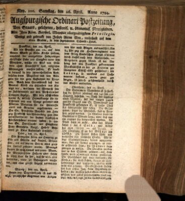 Augsburgische Ordinari Postzeitung von Staats-, gelehrten, historisch- u. ökonomischen Neuigkeiten (Augsburger Postzeitung) Samstag 26. April 1794