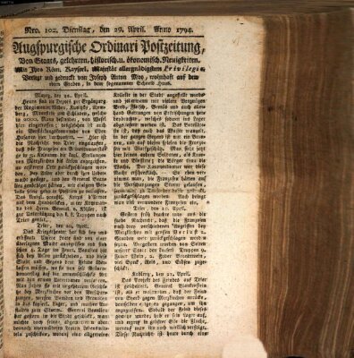 Augsburgische Ordinari Postzeitung von Staats-, gelehrten, historisch- u. ökonomischen Neuigkeiten (Augsburger Postzeitung) Dienstag 29. April 1794