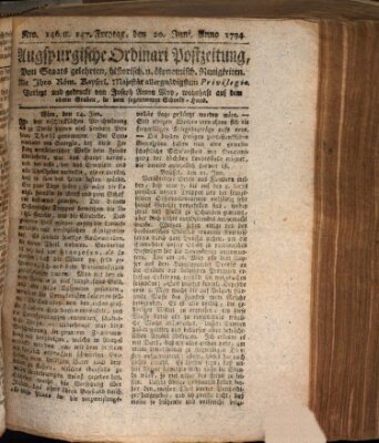 Augsburgische Ordinari Postzeitung von Staats-, gelehrten, historisch- u. ökonomischen Neuigkeiten (Augsburger Postzeitung) Freitag 20. Juni 1794