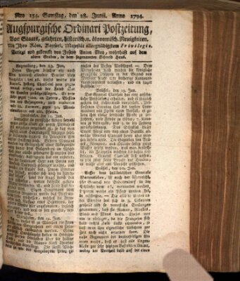 Augsburgische Ordinari Postzeitung von Staats-, gelehrten, historisch- u. ökonomischen Neuigkeiten (Augsburger Postzeitung) Samstag 28. Juni 1794