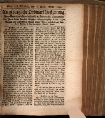 Augsburgische Ordinari Postzeitung von Staats-, gelehrten, historisch- u. ökonomischen Neuigkeiten (Augsburger Postzeitung) Dienstag 1. Juli 1794