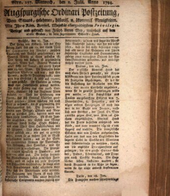 Augsburgische Ordinari Postzeitung von Staats-, gelehrten, historisch- u. ökonomischen Neuigkeiten (Augsburger Postzeitung) Mittwoch 2. Juli 1794