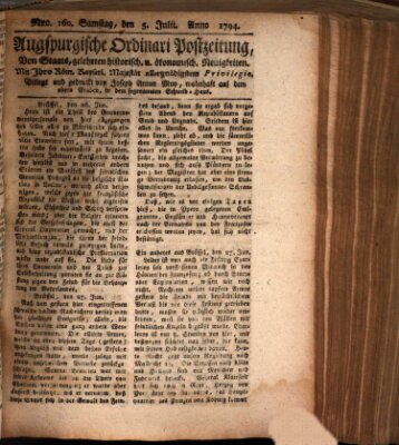 Augsburgische Ordinari Postzeitung von Staats-, gelehrten, historisch- u. ökonomischen Neuigkeiten (Augsburger Postzeitung) Samstag 5. Juli 1794