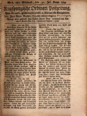 Augsburgische Ordinari Postzeitung von Staats-, gelehrten, historisch- u. ökonomischen Neuigkeiten (Augsburger Postzeitung) Mittwoch 30. Juli 1794