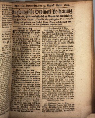 Augsburgische Ordinari Postzeitung von Staats-, gelehrten, historisch- u. ökonomischen Neuigkeiten (Augsburger Postzeitung) Donnerstag 14. August 1794