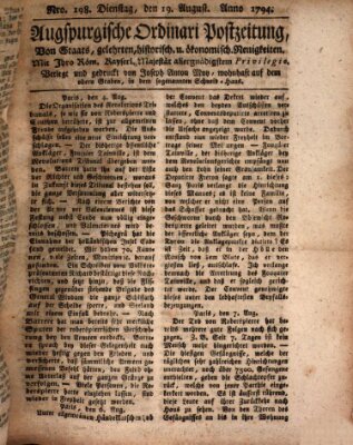 Augsburgische Ordinari Postzeitung von Staats-, gelehrten, historisch- u. ökonomischen Neuigkeiten (Augsburger Postzeitung) Dienstag 19. August 1794