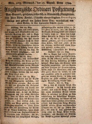 Augsburgische Ordinari Postzeitung von Staats-, gelehrten, historisch- u. ökonomischen Neuigkeiten (Augsburger Postzeitung) Mittwoch 27. August 1794