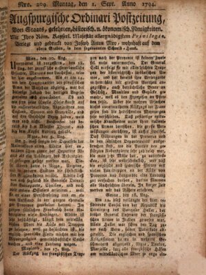 Augsburgische Ordinari Postzeitung von Staats-, gelehrten, historisch- u. ökonomischen Neuigkeiten (Augsburger Postzeitung) Montag 1. September 1794