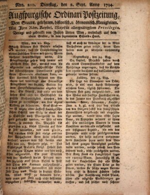 Augsburgische Ordinari Postzeitung von Staats-, gelehrten, historisch- u. ökonomischen Neuigkeiten (Augsburger Postzeitung) Dienstag 2. September 1794