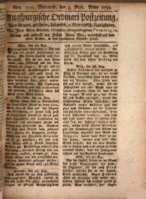 Augsburgische Ordinari Postzeitung von Staats-, gelehrten, historisch- u. ökonomischen Neuigkeiten (Augsburger Postzeitung) Mittwoch 3. September 1794