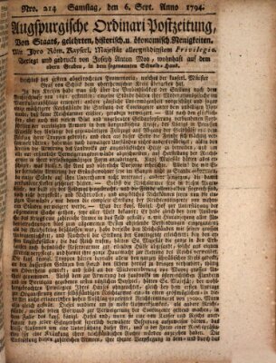 Augsburgische Ordinari Postzeitung von Staats-, gelehrten, historisch- u. ökonomischen Neuigkeiten (Augsburger Postzeitung) Samstag 6. September 1794