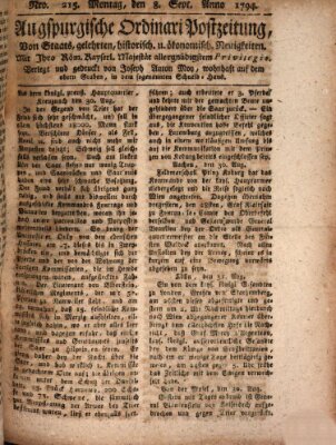 Augsburgische Ordinari Postzeitung von Staats-, gelehrten, historisch- u. ökonomischen Neuigkeiten (Augsburger Postzeitung) Montag 8. September 1794