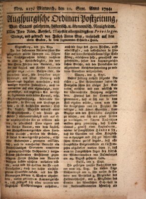 Augsburgische Ordinari Postzeitung von Staats-, gelehrten, historisch- u. ökonomischen Neuigkeiten (Augsburger Postzeitung) Mittwoch 10. September 1794