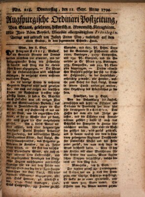 Augsburgische Ordinari Postzeitung von Staats-, gelehrten, historisch- u. ökonomischen Neuigkeiten (Augsburger Postzeitung) Donnerstag 11. September 1794