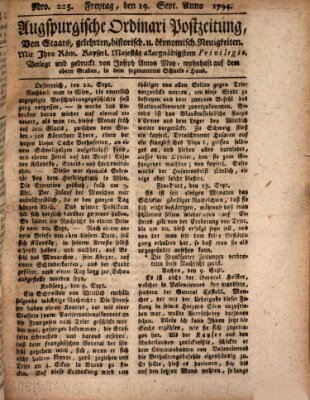 Augsburgische Ordinari Postzeitung von Staats-, gelehrten, historisch- u. ökonomischen Neuigkeiten (Augsburger Postzeitung) Freitag 19. September 1794