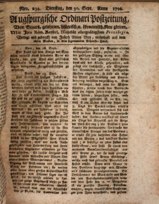 Augsburgische Ordinari Postzeitung von Staats-, gelehrten, historisch- u. ökonomischen Neuigkeiten (Augsburger Postzeitung) Dienstag 30. September 1794