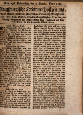 Augsburgische Ordinari Postzeitung von Staats-, gelehrten, historisch- u. ökonomischen Neuigkeiten (Augsburger Postzeitung) Donnerstag 2. Oktober 1794