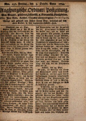 Augsburgische Ordinari Postzeitung von Staats-, gelehrten, historisch- u. ökonomischen Neuigkeiten (Augsburger Postzeitung) Freitag 3. Oktober 1794