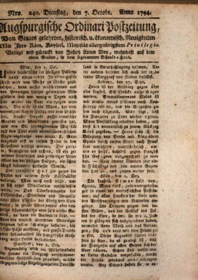 Augsburgische Ordinari Postzeitung von Staats-, gelehrten, historisch- u. ökonomischen Neuigkeiten (Augsburger Postzeitung) Dienstag 7. Oktober 1794