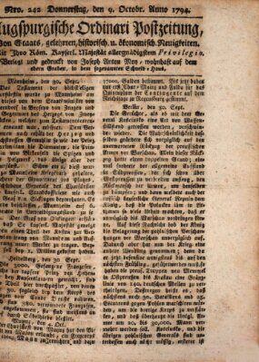 Augsburgische Ordinari Postzeitung von Staats-, gelehrten, historisch- u. ökonomischen Neuigkeiten (Augsburger Postzeitung) Donnerstag 9. Oktober 1794