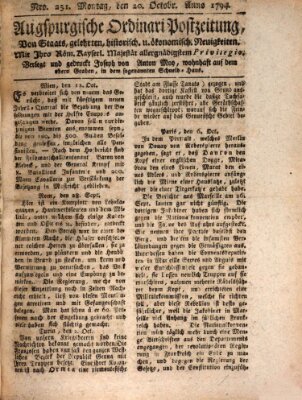 Augsburgische Ordinari Postzeitung von Staats-, gelehrten, historisch- u. ökonomischen Neuigkeiten (Augsburger Postzeitung) Montag 20. Oktober 1794