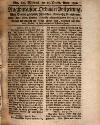 Augsburgische Ordinari Postzeitung von Staats-, gelehrten, historisch- u. ökonomischen Neuigkeiten (Augsburger Postzeitung) Mittwoch 22. Oktober 1794