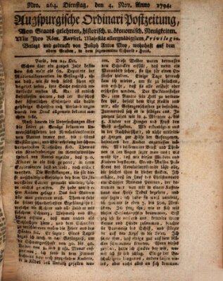 Augsburgische Ordinari Postzeitung von Staats-, gelehrten, historisch- u. ökonomischen Neuigkeiten (Augsburger Postzeitung) Dienstag 4. November 1794