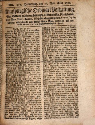 Augsburgische Ordinari Postzeitung von Staats-, gelehrten, historisch- u. ökonomischen Neuigkeiten (Augsburger Postzeitung) Donnerstag 13. November 1794