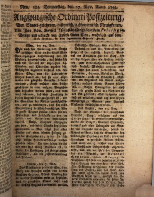 Augsburgische Ordinari Postzeitung von Staats-, gelehrten, historisch- u. ökonomischen Neuigkeiten (Augsburger Postzeitung) Donnerstag 27. November 1794