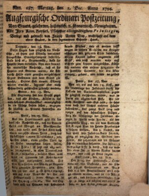 Augsburgische Ordinari Postzeitung von Staats-, gelehrten, historisch- u. ökonomischen Neuigkeiten (Augsburger Postzeitung) Montag 1. Dezember 1794