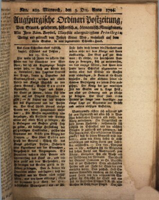 Augsburgische Ordinari Postzeitung von Staats-, gelehrten, historisch- u. ökonomischen Neuigkeiten (Augsburger Postzeitung) Mittwoch 3. Dezember 1794