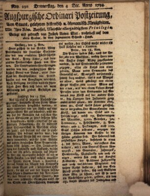 Augsburgische Ordinari Postzeitung von Staats-, gelehrten, historisch- u. ökonomischen Neuigkeiten (Augsburger Postzeitung) Donnerstag 4. Dezember 1794