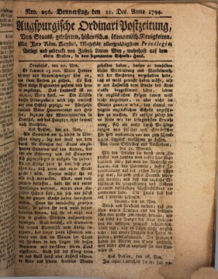 Augsburgische Ordinari Postzeitung von Staats-, gelehrten, historisch- u. ökonomischen Neuigkeiten (Augsburger Postzeitung) Donnerstag 11. Dezember 1794