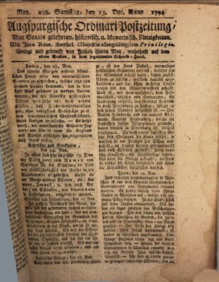 Augsburgische Ordinari Postzeitung von Staats-, gelehrten, historisch- u. ökonomischen Neuigkeiten (Augsburger Postzeitung) Samstag 13. Dezember 1794