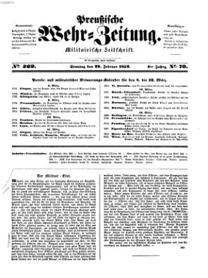 Preußische Wehr-Zeitung Sonntag 29. Februar 1852