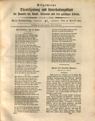 Allgemeine Theaterzeitung und Unterhaltungsblatt für Freunde der Kunst, Literatur und des geselligen Lebens (Allgemeine Theaterzeitung) Donnerstag 18. April 1822