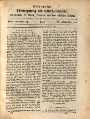 Allgemeine Theaterzeitung und Unterhaltungsblatt für Freunde der Kunst, Literatur und des geselligen Lebens (Allgemeine Theaterzeitung) Donnerstag 21. November 1822