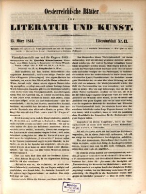 Österreichische Blätter für Literatur und Kunst, Geschichte, Geographie, Statistik und Naturkunde Mittwoch 13. März 1844