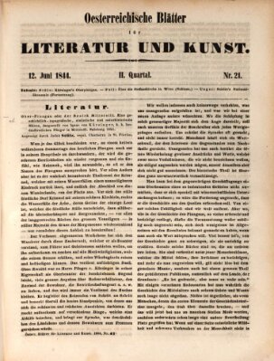 Österreichische Blätter für Literatur und Kunst, Geschichte, Geographie, Statistik und Naturkunde Mittwoch 12. Juni 1844