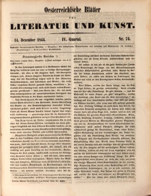 Österreichische Blätter für Literatur und Kunst, Geschichte, Geographie, Statistik und Naturkunde Samstag 14. Dezember 1844