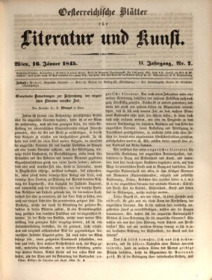 Österreichische Blätter für Literatur und Kunst, Geschichte, Geographie, Statistik und Naturkunde Donnerstag 16. Januar 1845