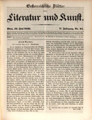 Österreichische Blätter für Literatur und Kunst, Geschichte, Geographie, Statistik und Naturkunde Samstag 14. Juni 1845