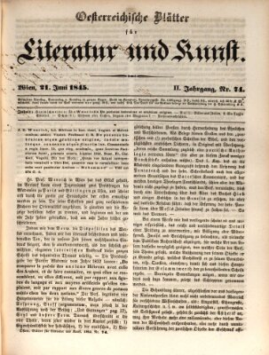 Österreichische Blätter für Literatur und Kunst, Geschichte, Geographie, Statistik und Naturkunde Samstag 21. Juni 1845