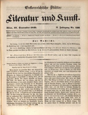 Österreichische Blätter für Literatur und Kunst, Geschichte, Geographie, Statistik und Naturkunde Samstag 27. September 1845