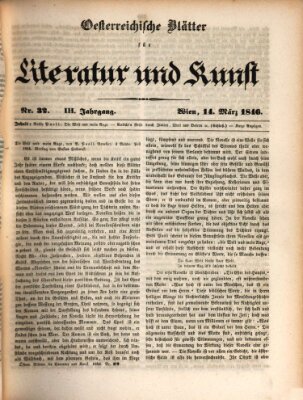 Österreichische Blätter für Literatur und Kunst, Geschichte, Geographie, Statistik und Naturkunde Samstag 14. März 1846