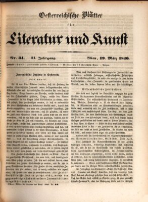 Österreichische Blätter für Literatur und Kunst, Geschichte, Geographie, Statistik und Naturkunde Donnerstag 19. März 1846